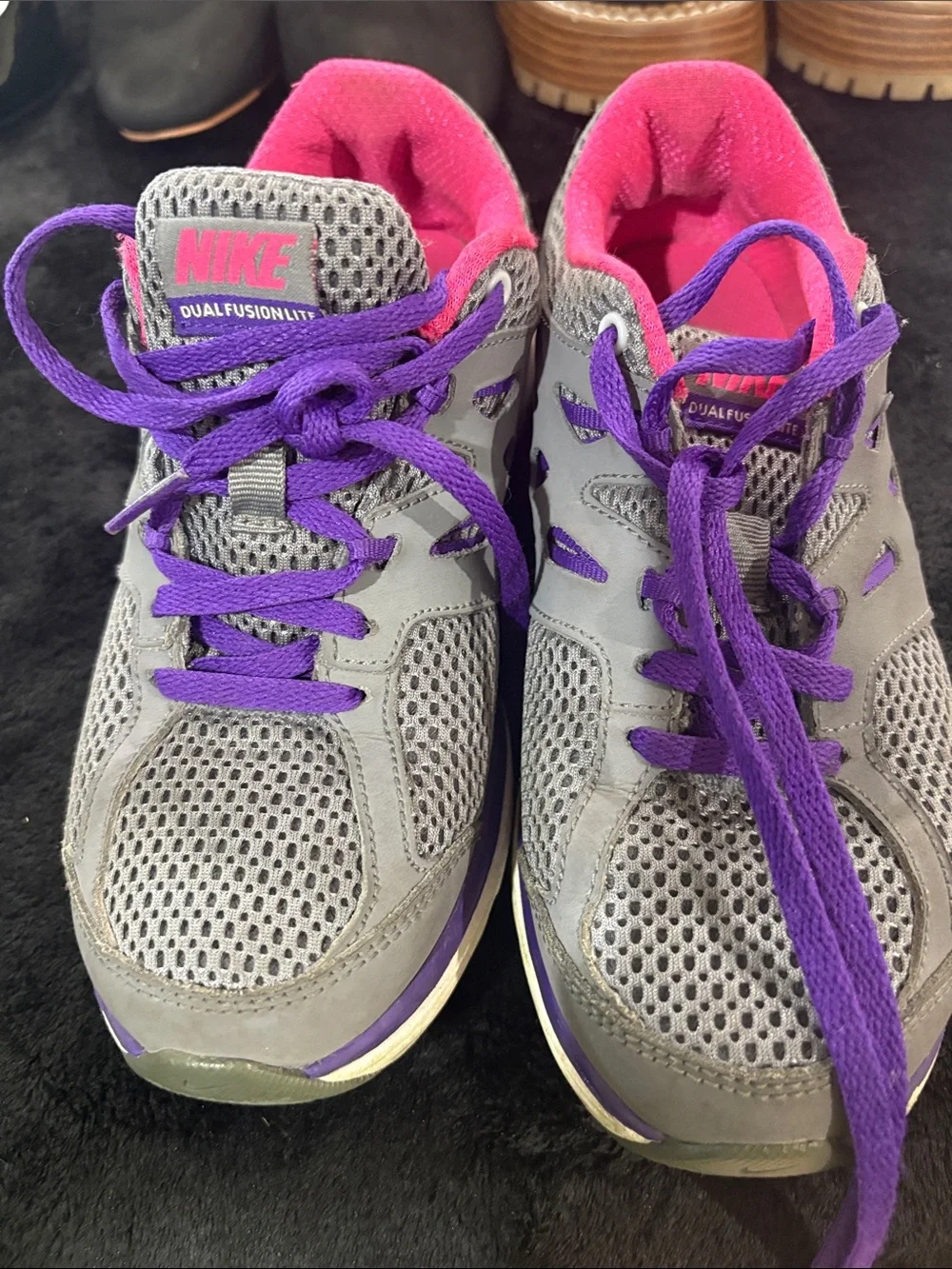 Nike Kids  Gray Sneakers with Purple Laces and Pink Lining